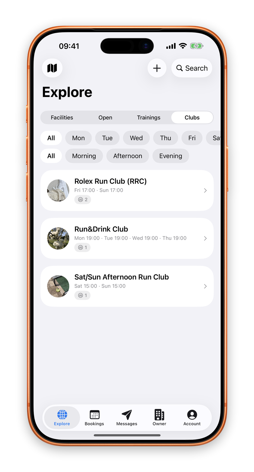Run clubs with their weekly times