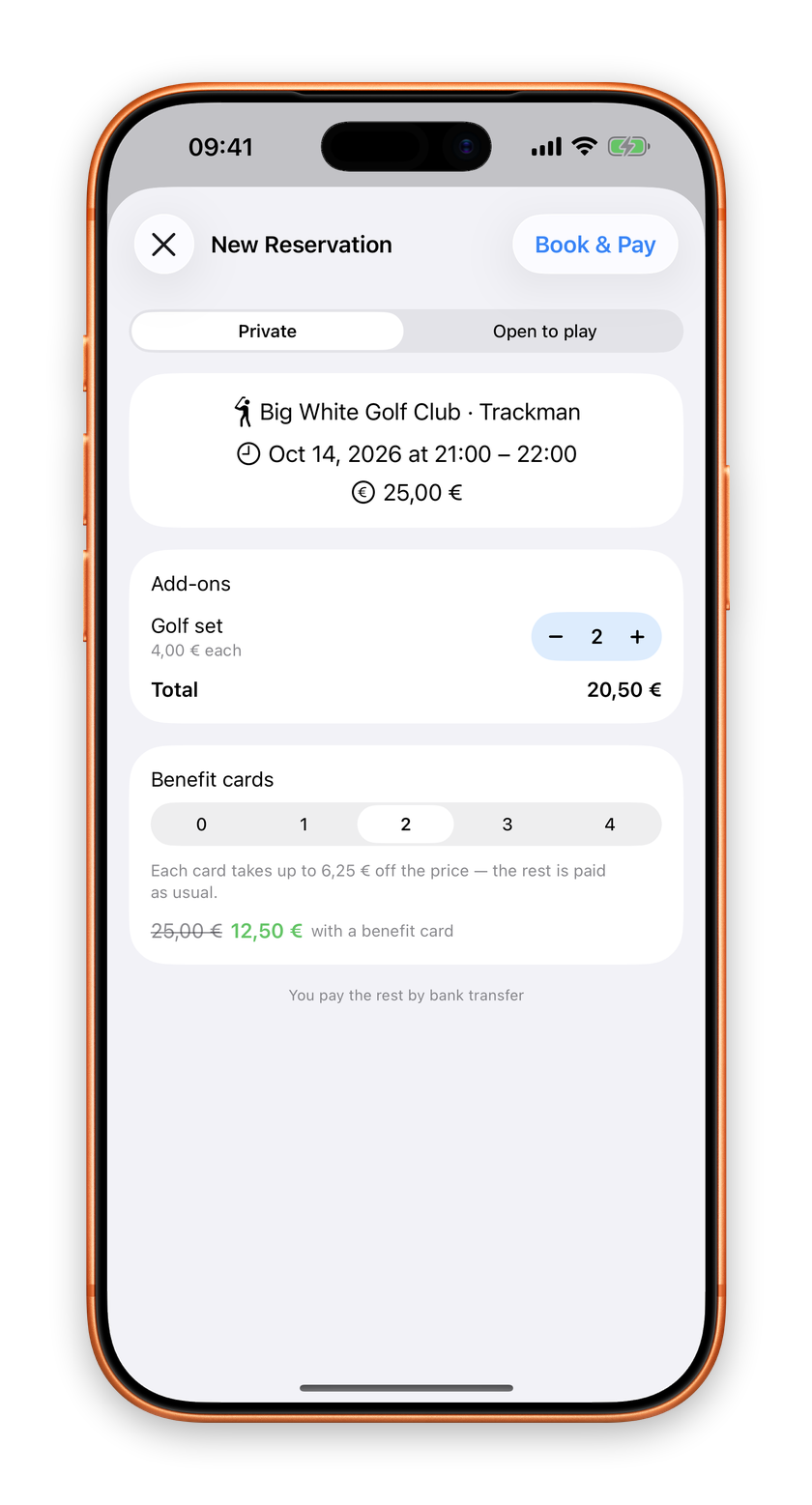 Book & Pay: add-ons and benefit cards before you confirm